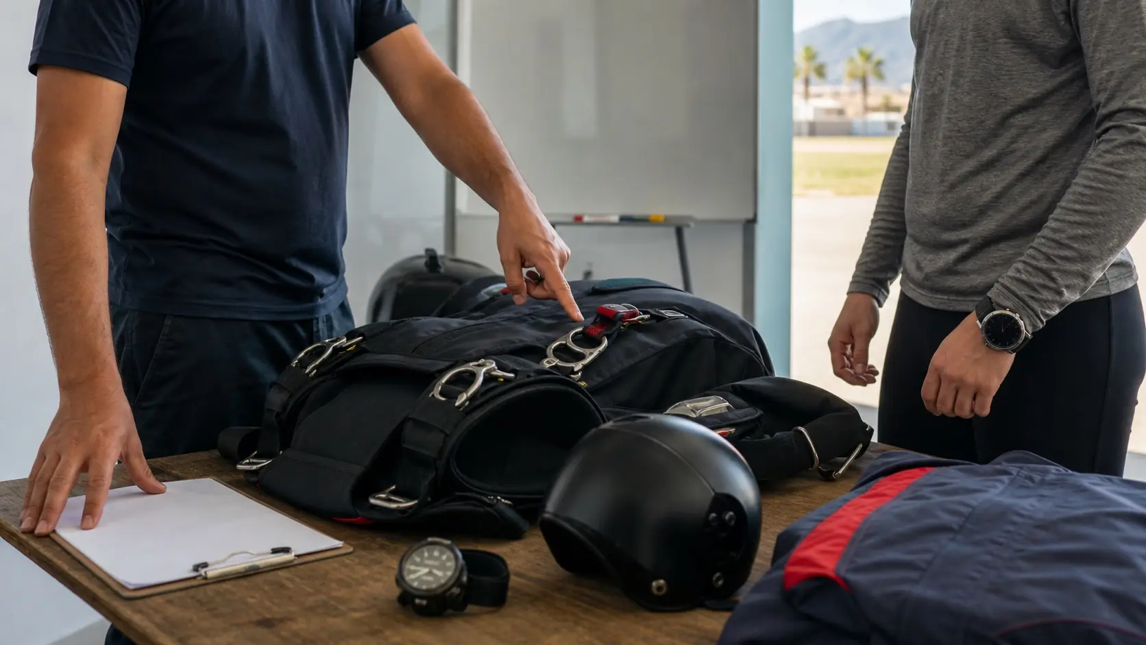 Ground briefing and equipment context before jumping